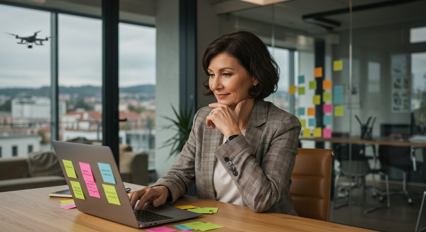 어느 중년의 여성분이 카페에서 컴퓨터 모니터를 보고 있는 모습