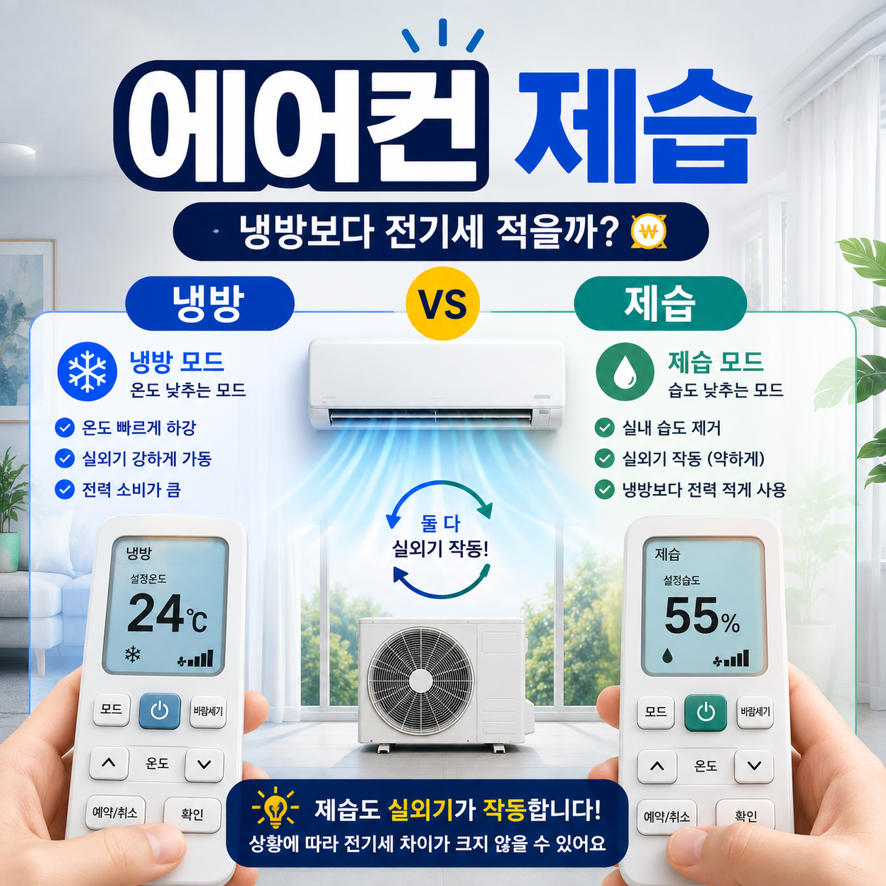 에어컨 냉방모드와 제습모드의 전기세 차이를 비교하는 모습