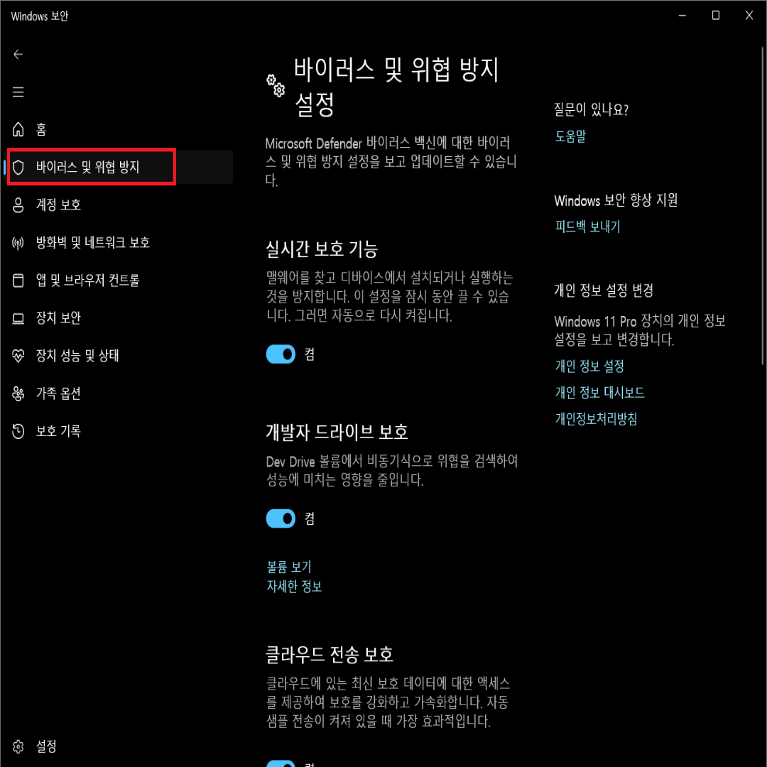 바이러스 및 위험 방지