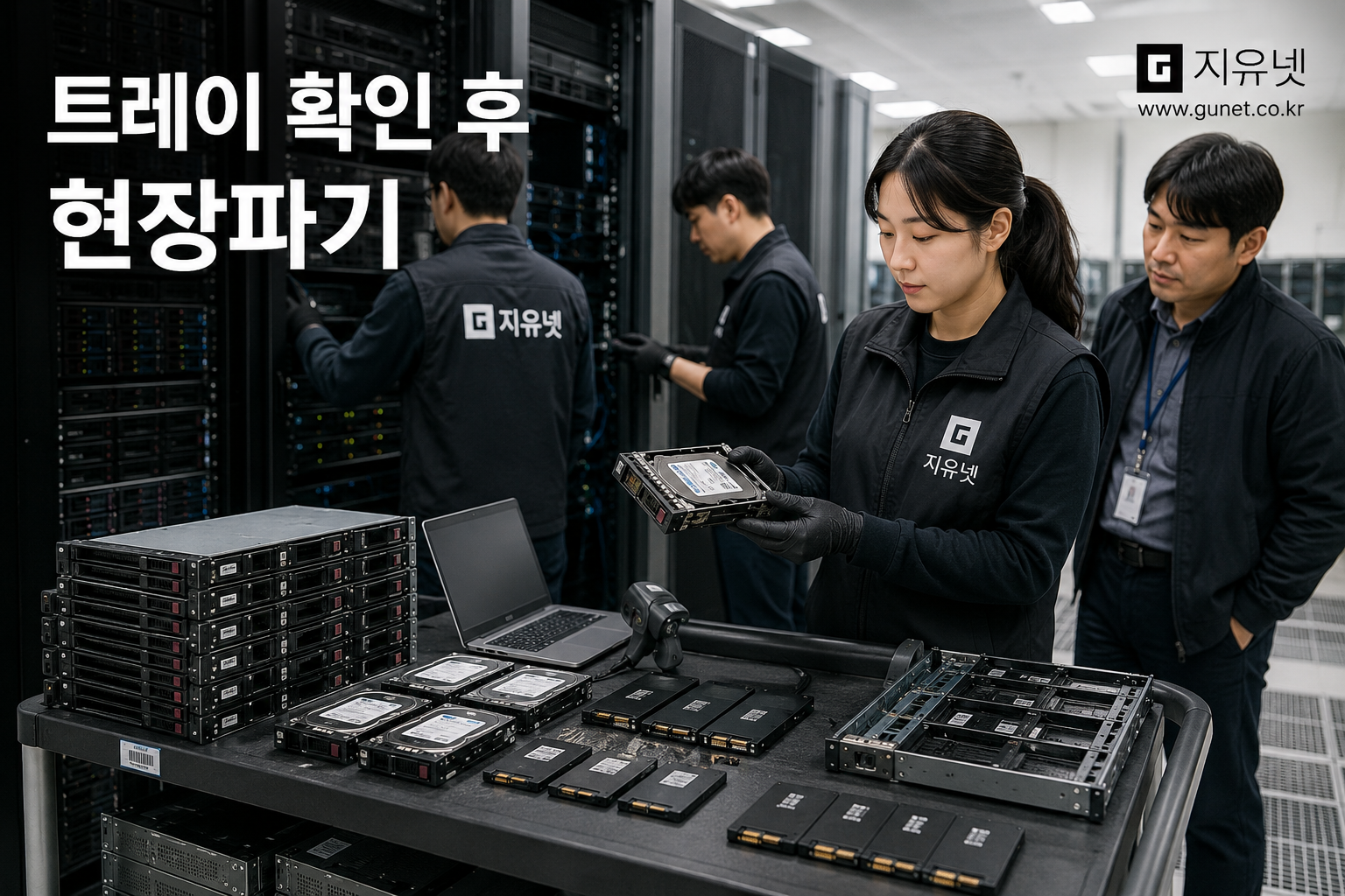데이터센터 서버 HDD와 SSD 현장 파기 전 트레이 안 실제 저장장치 수량을 확인하는 장면