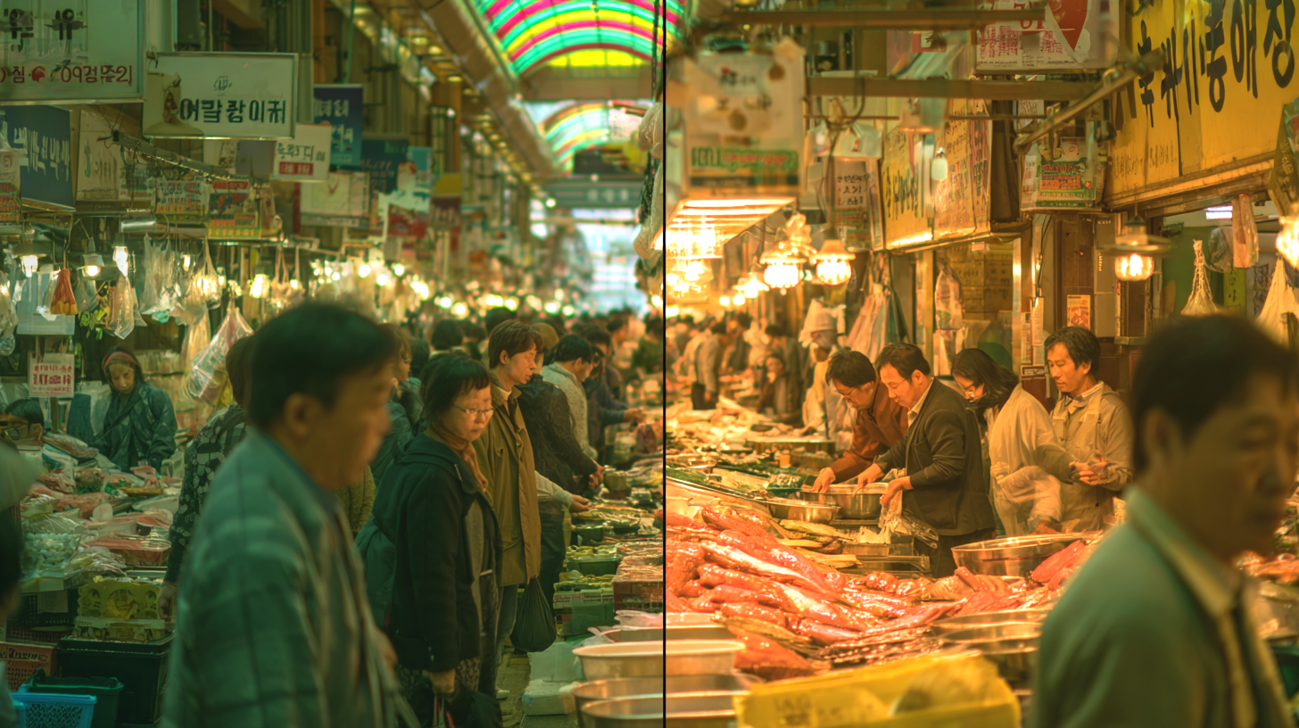 서울과 부산의 전통시장에서 상생페이백을 사용하는 시민들의 모습을 비교한 분할 화면