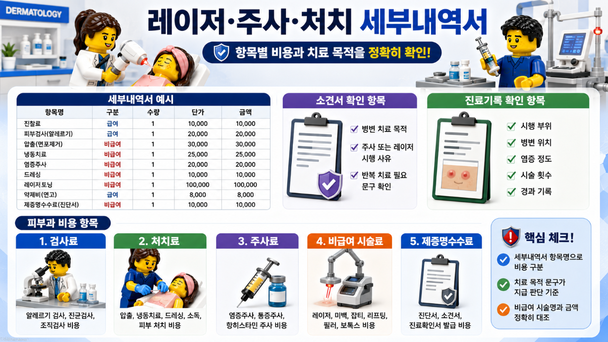 피부과 실손 청구 후 보완 요청과 지급 제한 사유를 서류별로 정리한 인포그래픽