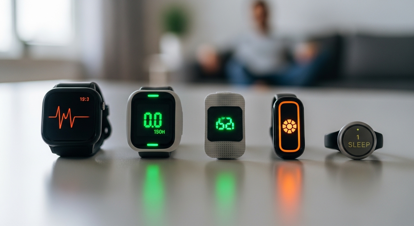 스마트워치, 혈당 측정 패치 등 다양한 의료 웨어러블 기기가 깔끔하게 정돈된 모습