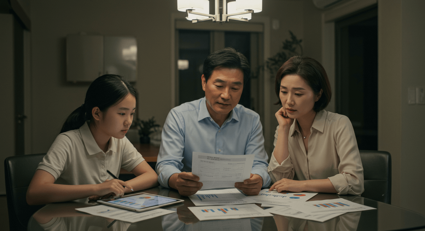 가족이 식탁에서 서류와 소득 기준표를 함께 확인하는 장면 3