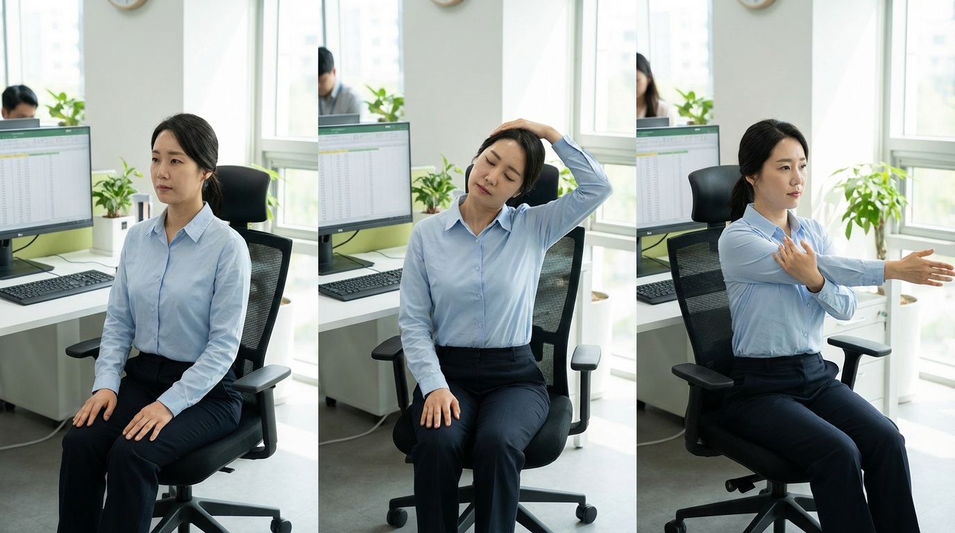목 어깨 결림 푸는 사무실 스트레칭 거북목 운동 이미지