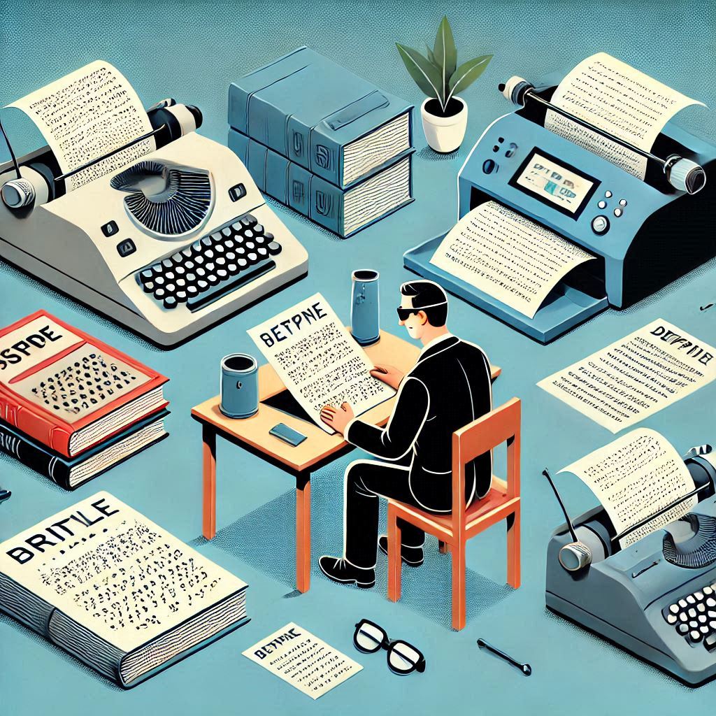 다양한 종류의 점자프린터들이 나란히 전시되어 있는 모습. 옆에는 점자로 출력된 책과 문서들이 쌓여있고, 한 시각장애인이 점자프린터로 출력된 문서를 읽고 있다.