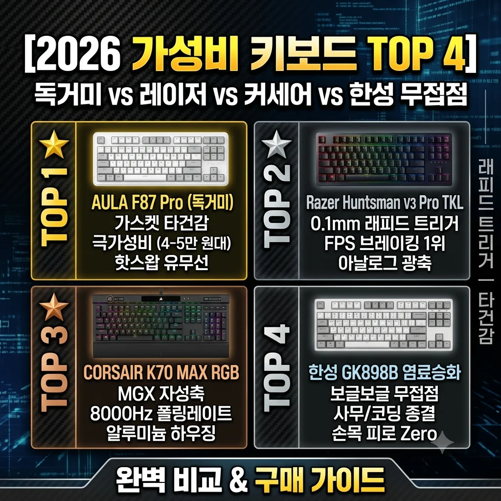 2026 가성비 게이밍 기계식 키보드 추천 TOP 4 독거미 F87 Pro 레이저 헌츠맨 V3 커세어 K70 MAX 한성 무접점 비교 래피드 트리거 세팅