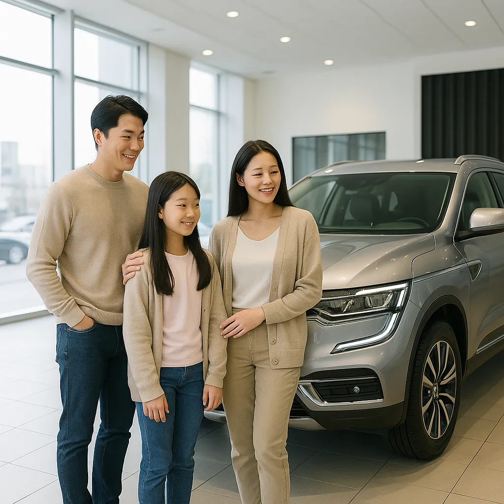 전시장 안에서 SUV를 살펴보는 가족