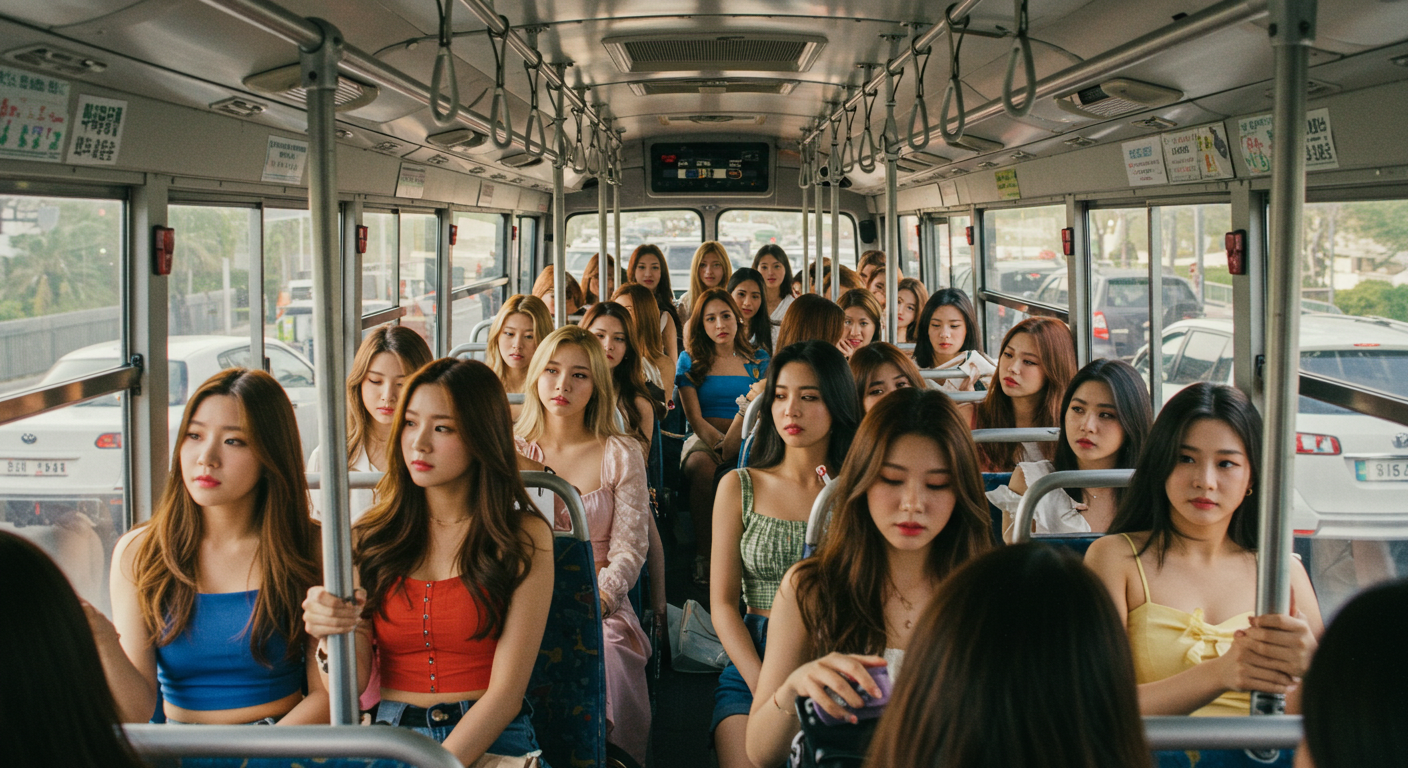 정체된 고속도로, 버스 안 여성들