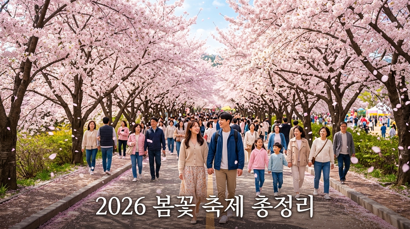 2026년 봄꽃 축제 대표 이미지. 만개한 분홍빛 벚꽃 터널 아래로 사람들이 걷고 있는 모습. 벚꽃 꽃잎이 바람에 흩날리는 장면.