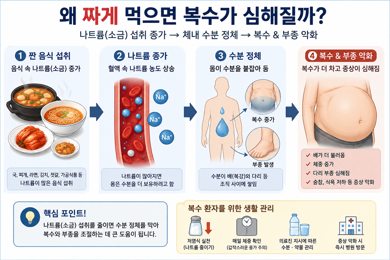 짜게 먹으면 나트륨 증가로 체내 수분 정체가 발생하고 복수와 부종이 악화되는 과정을 설명하는 간경변 의료 인포그래픽 이미지
