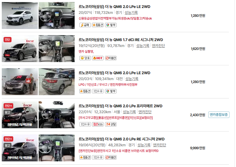르노코리아 QM6 중고차 가격 시세표 유지비
