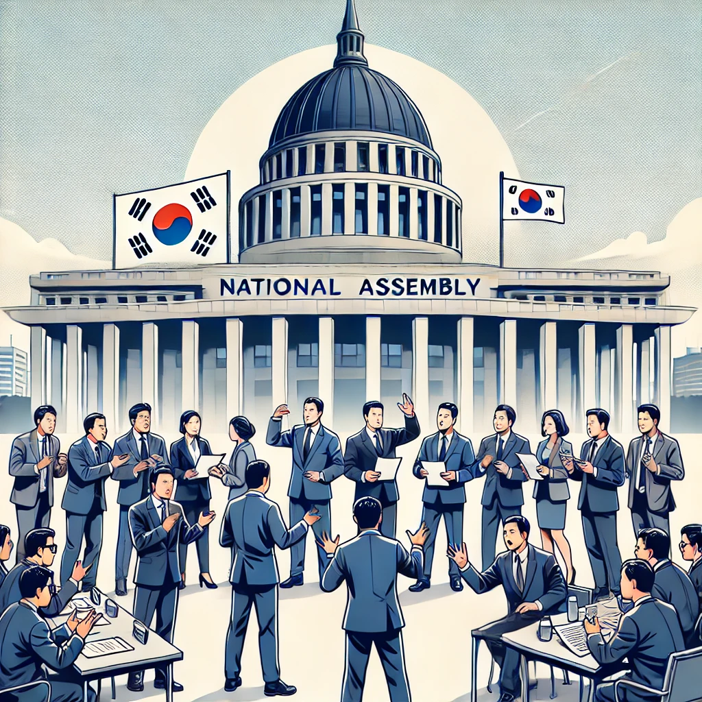 국회 앞에서 중임제 개헌을 놓고 토론하는 한국 정치인들