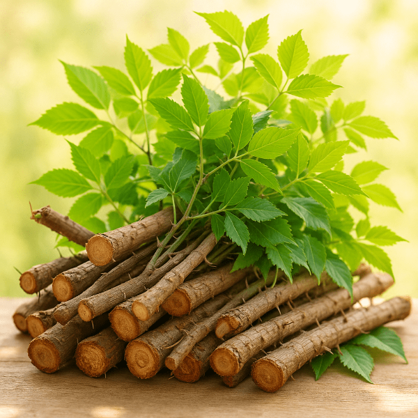 풍성하게 쌓인 신선한 가시오가피 줄기와 뿌리가 자연광 아래 건강하게 빛나는 모습