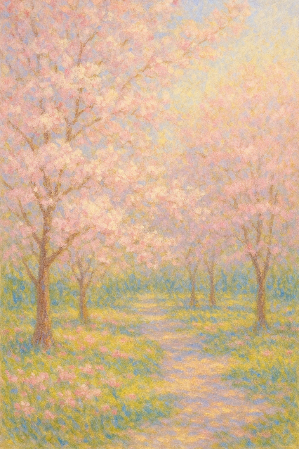 만개한 벚꽃 정원, 클로드 모네 스타일, 인상주의, 부드러운 아침 햇살, 파스텔 핑크와 화이트