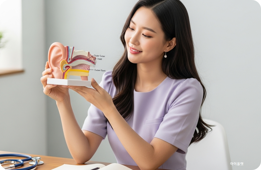 귀 구조 모형을 살펴보는 여주인공
