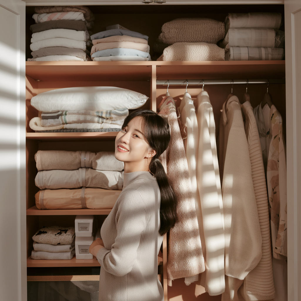 정리된 옷장 앞에서 기뻐하는 주부