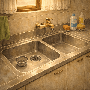 설거지 후 싱크대 배수구를 정리하던 예전 주방 모습