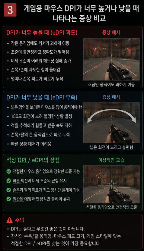 게임용 마우스 DPI가 너무 높거나 낮을 때 나타나는 증상 비교