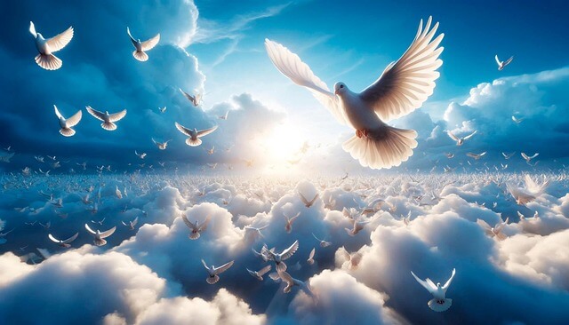 하얀 비둘기 수백마리가 구름 위 파란 하늘 위를 날고있다.