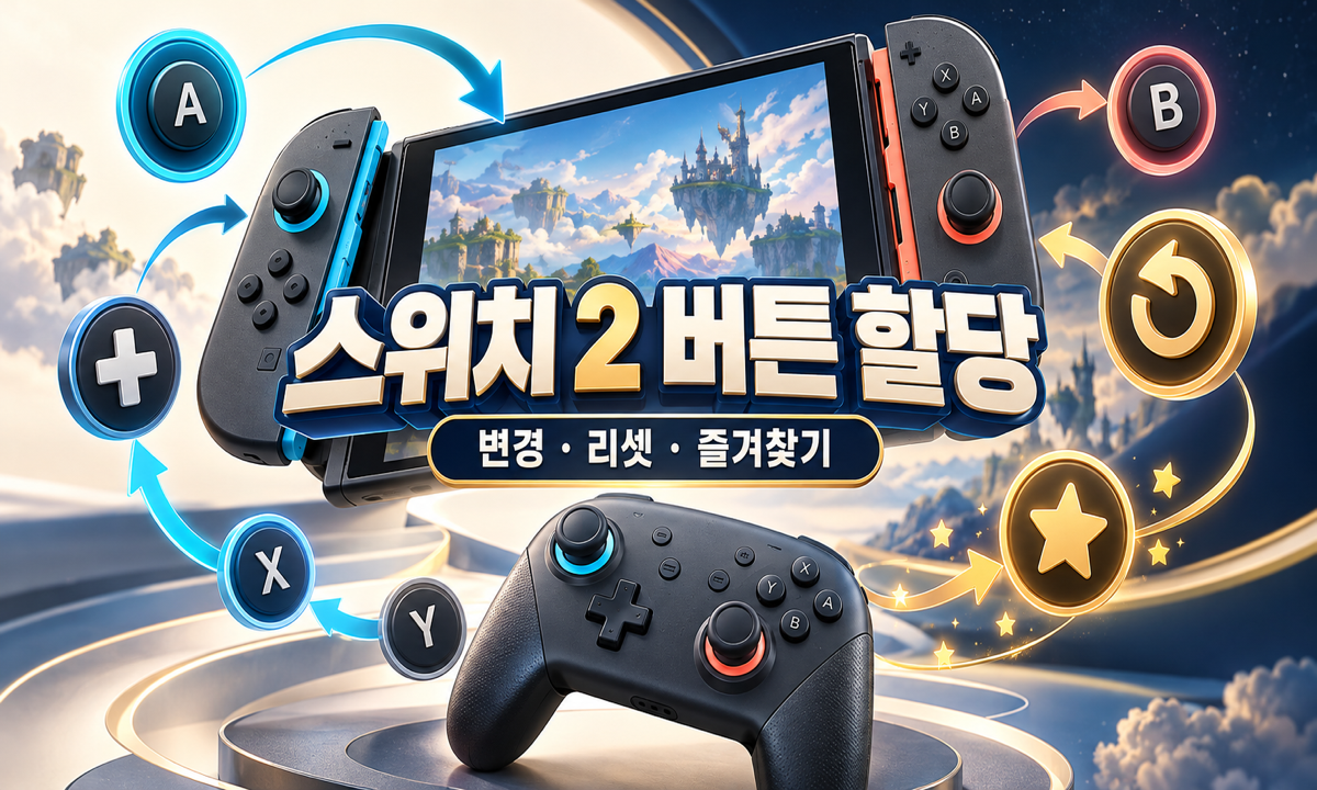 스위치 2와 컨트롤러 주변의 버튼 화살표&middot;리셋&middot;별 아이콘으로 버튼 할당 변경과 즐겨찾기를 설명한 삽화