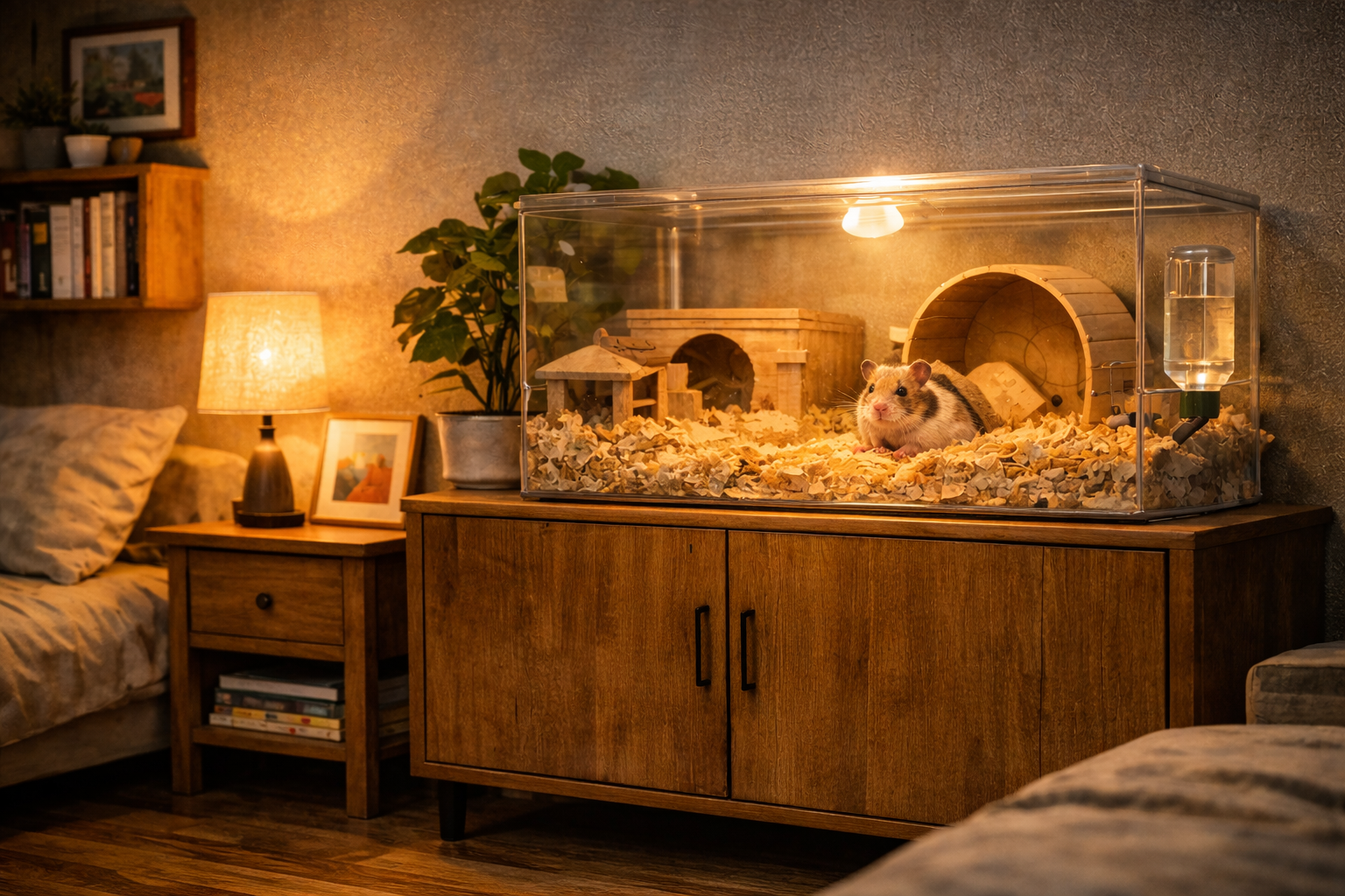 침실 탁자옆에 포근해보이는 햄스터 케이지 이미지