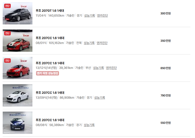 푸조 207 중고차 가격 시세표 유지비