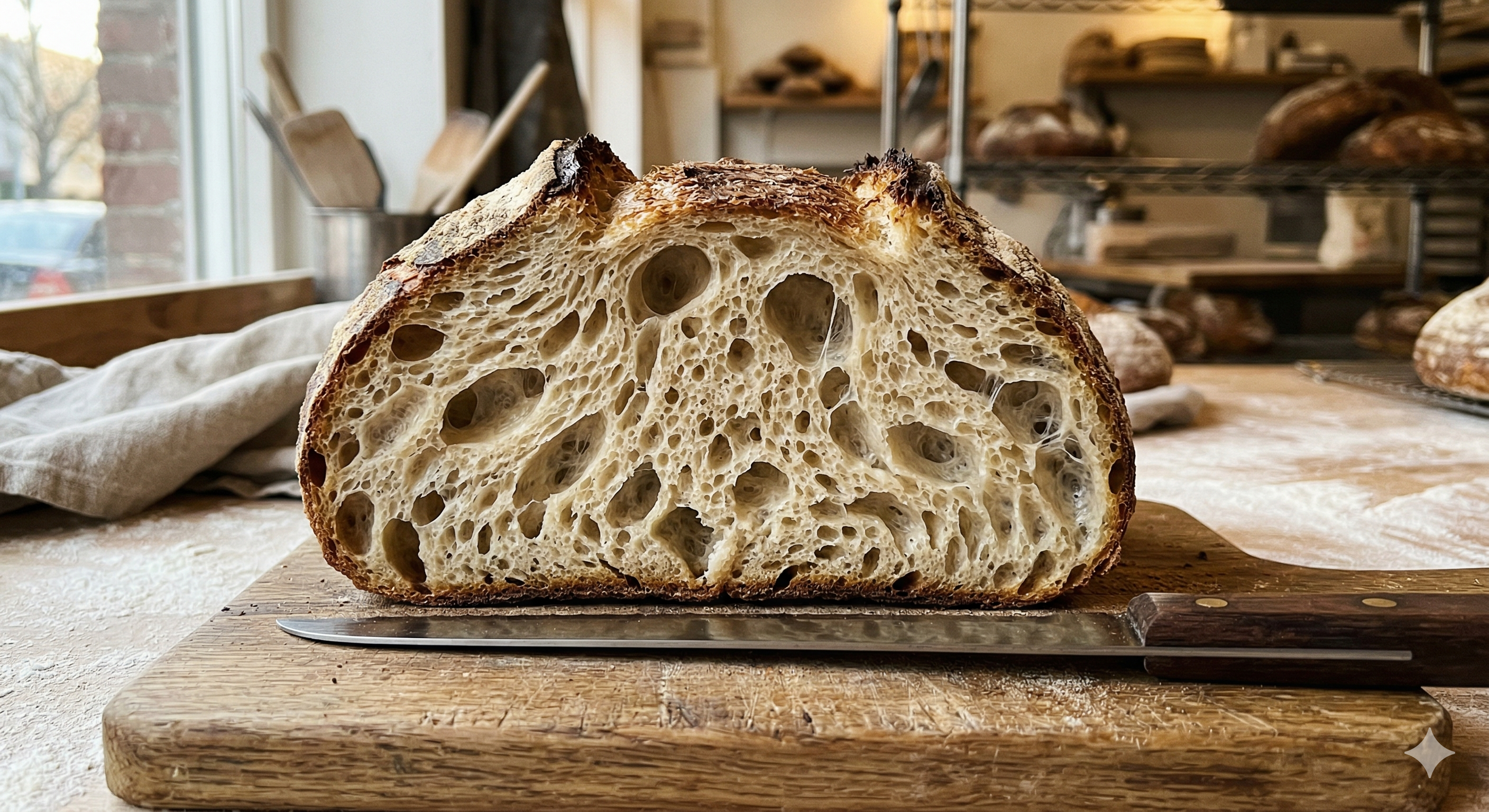 Cross section of a sourdough bread showing a perfect open crumb structure.