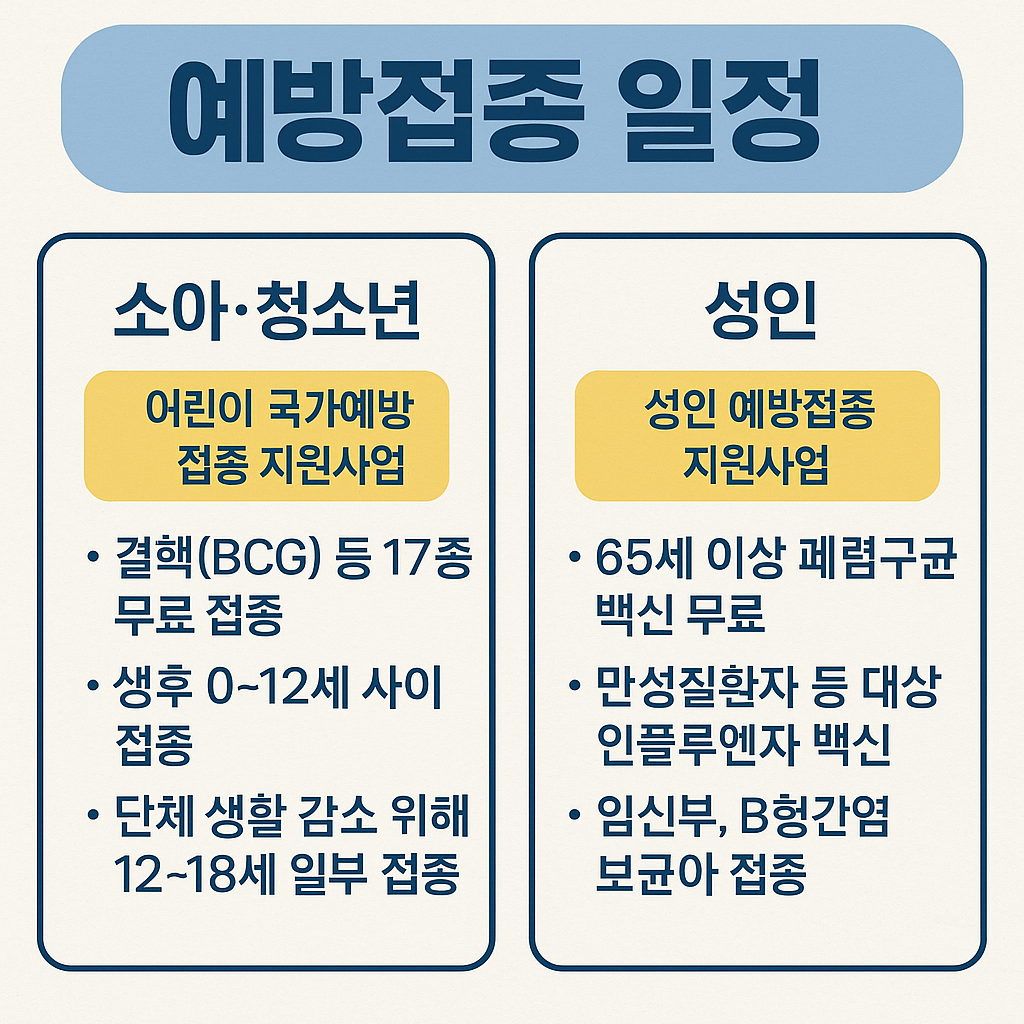 연령대별 주요 예방접종 항목과 지원 여부를 요약한 인포그래픽