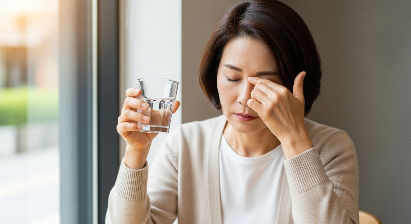 피로와 갈증을 느끼며 눈을 비비는 한국 중년 여성