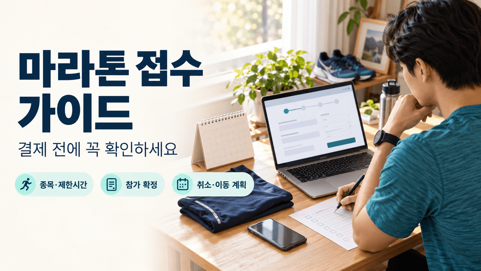 노트북으로 마라톤 접수 정보를 확인하며 체크리스트를 작성하는 러너와 종목·제한시간, 참가 확정, 취소·이동 계획을 점검하라는 안내 문구