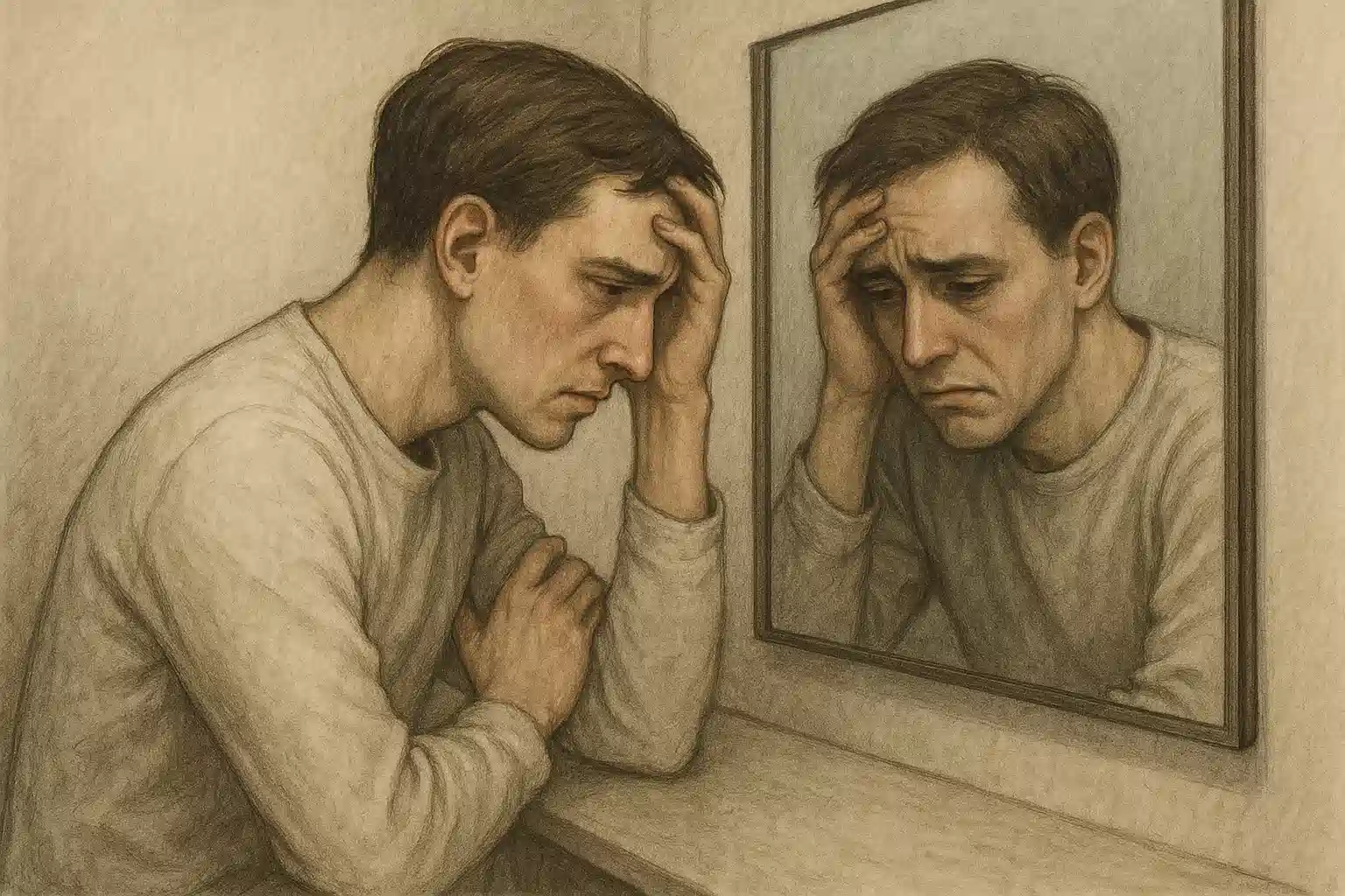 완벽주의적인 사람이 거울을 보며 ‘나는 왜 그랬을까’ 자책하는 장면