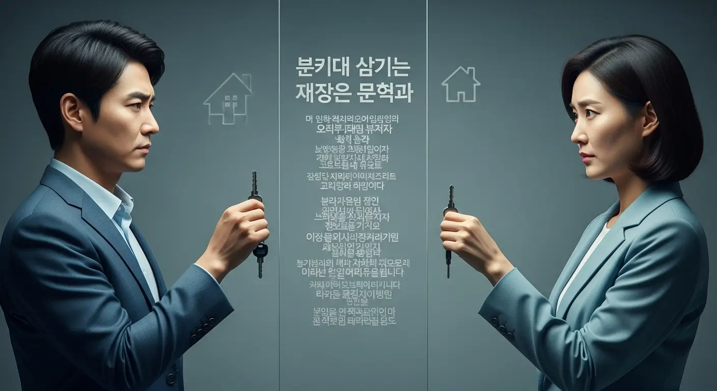 한국인 부부가 각자 집 열쇠를 들고 있지만, '세대 합산 규제'라는 보이지 않는 벽에 막혀 답답해하는 모습