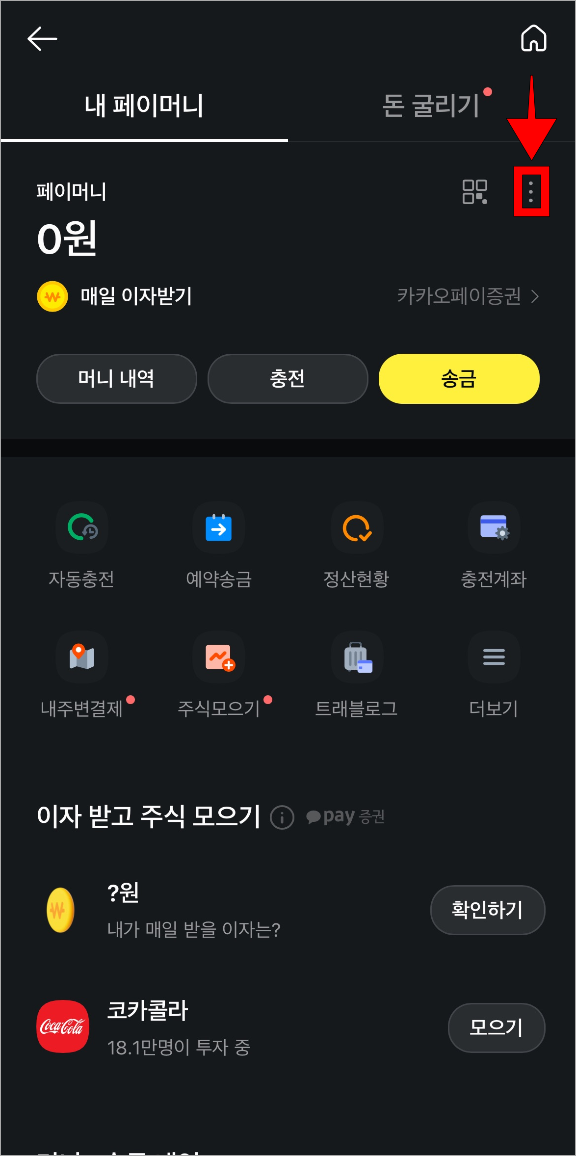 페이머니 우측의 [⋮] 버튼을 선택