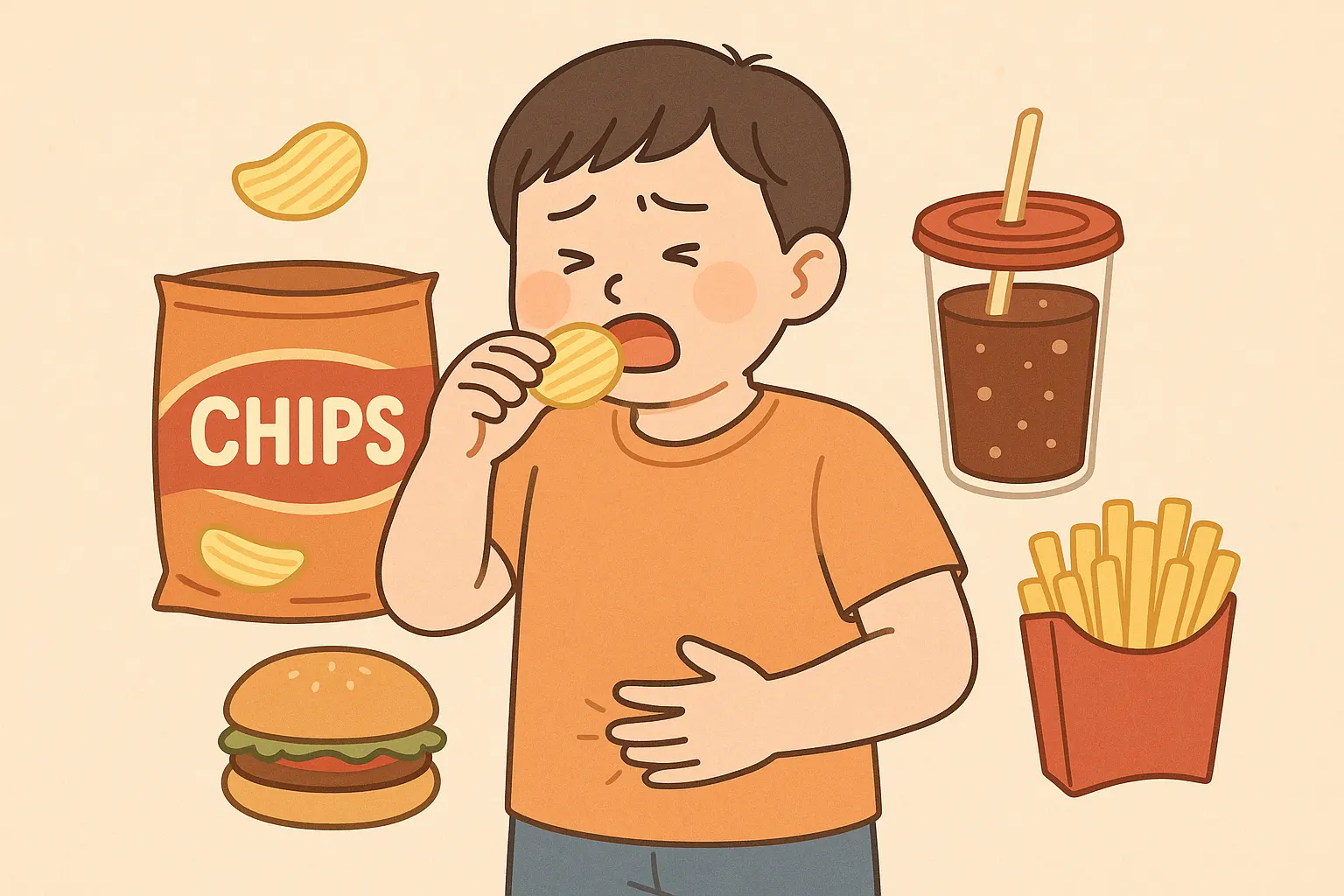간식을 많이 먹는 초등학생 아이, 과자·탄산음료·패스트푸드, 배를 살짝 움켜쥔 표정