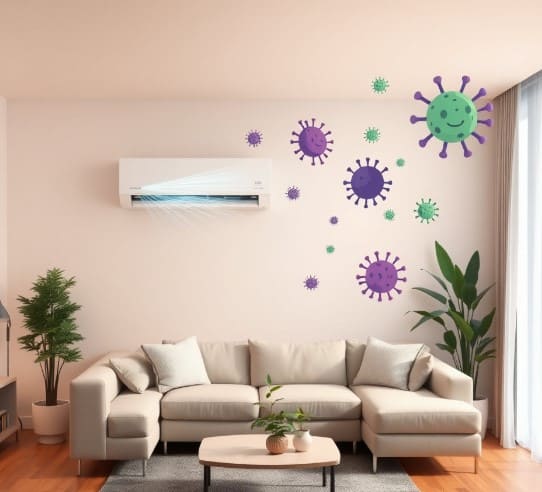 에어컨을 켜고 환기를 안한 실내에, 세균을 상징하는 이미지들이 떠다니는 모습입니다.