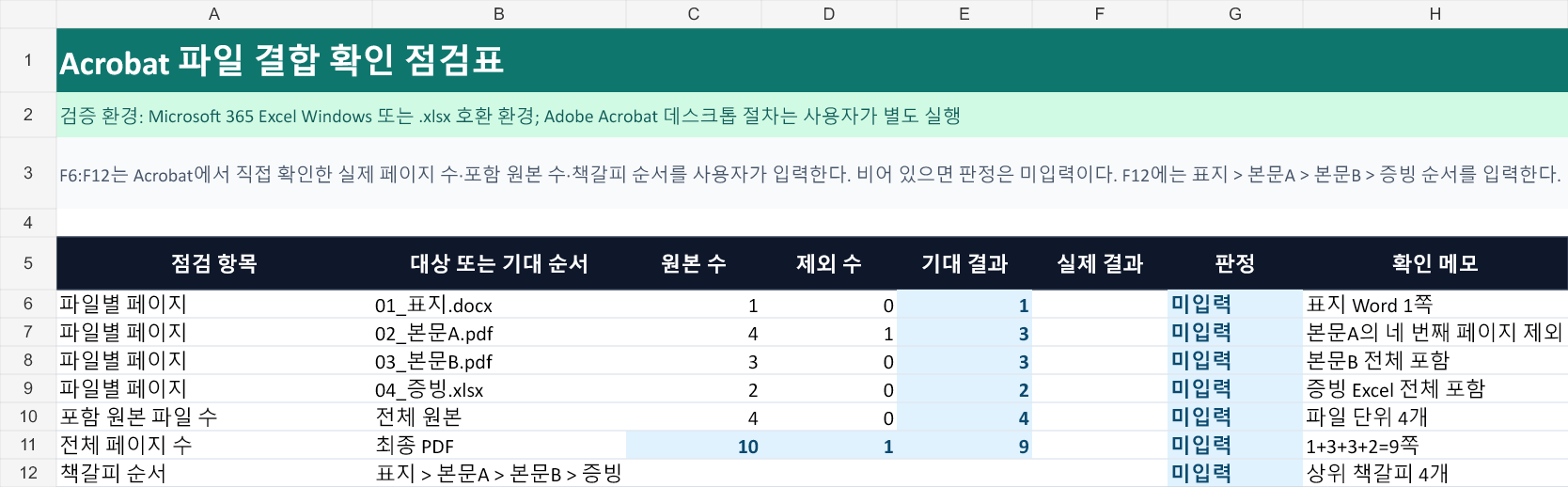 실습 점검표: 네 원본의 페이지 수와 제외 수, 기대 결과, 비어 있는 실제 결과 열과 미입력 판정이 표시된 표