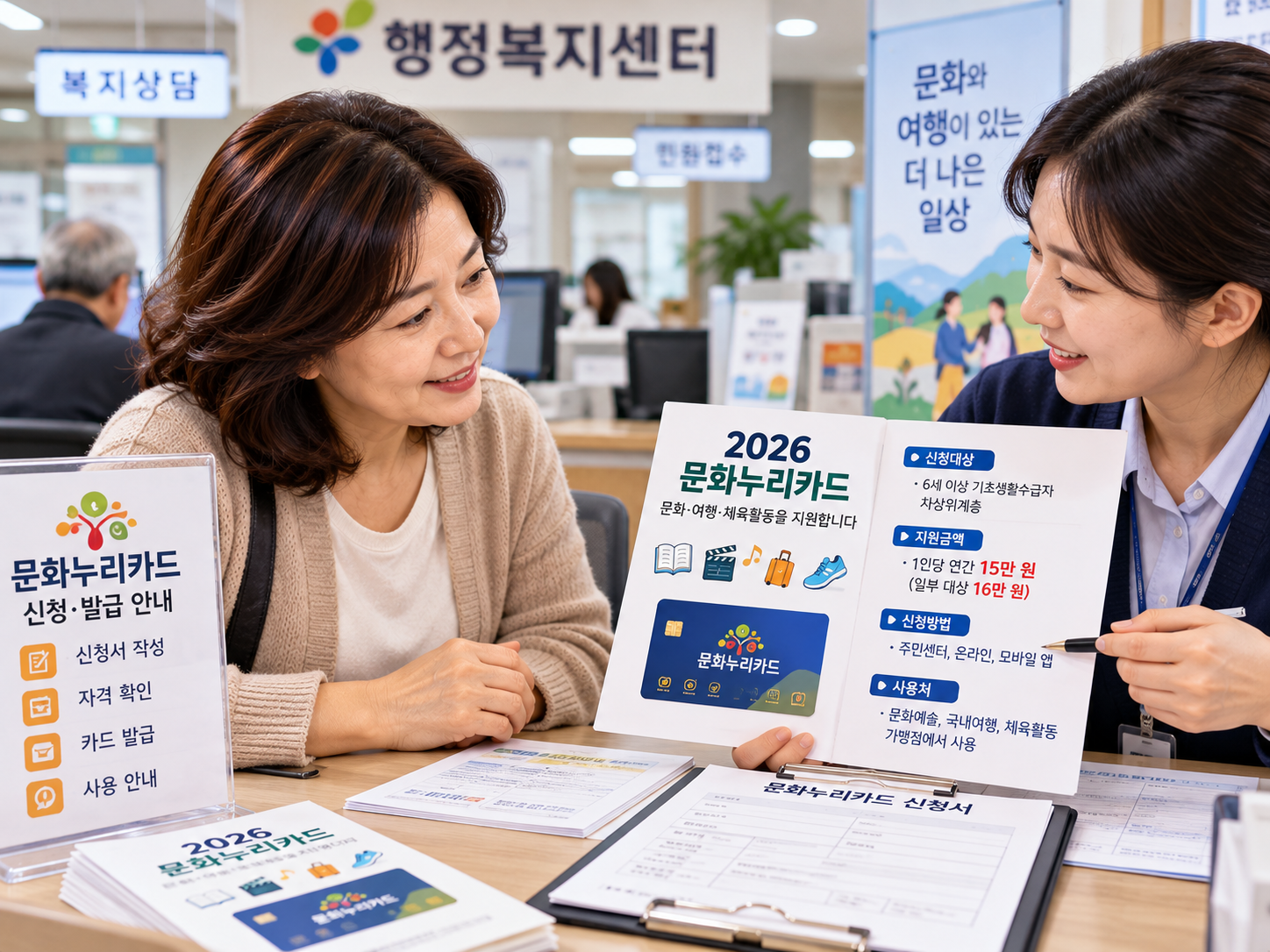 행정복지센터에서 문화누리카드 신청 상담을 받는 중년 여성의 이미지