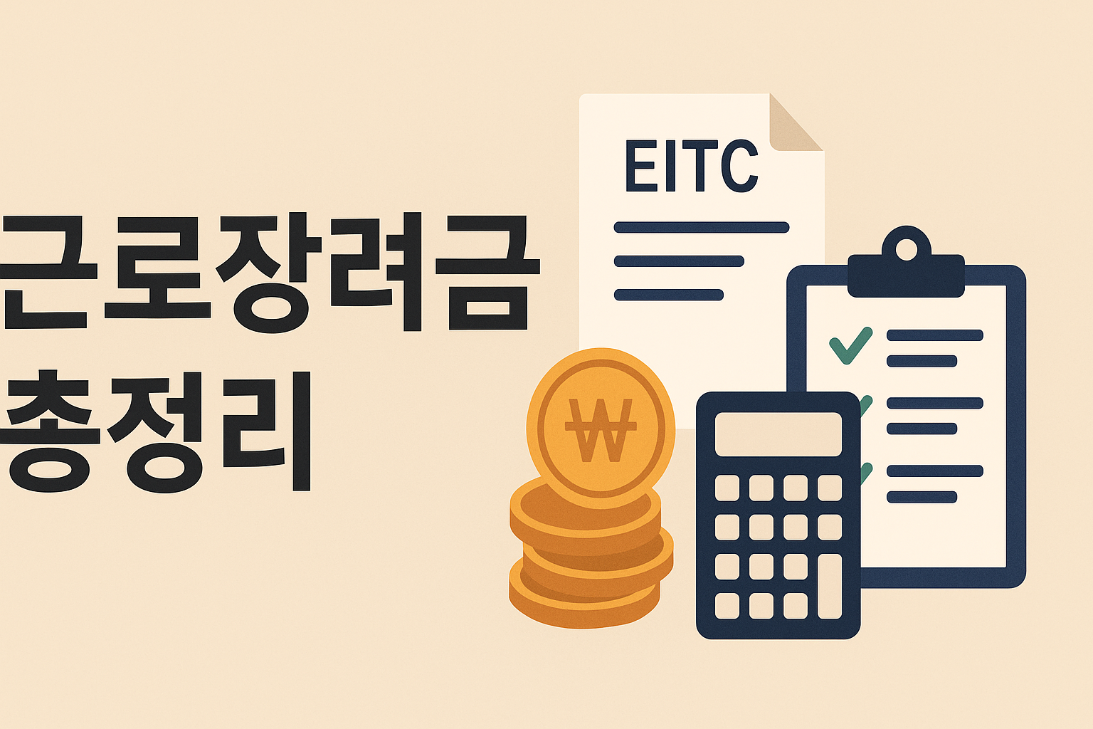 근로장려금 총정리, 서류·계산기·체크리스트·동전 아이콘이 함께 있는 가로형 썸네일 디자인