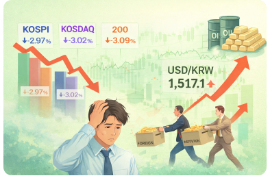 코스피&middot;코스닥 동반 급락, 환율 1517원대 재진입