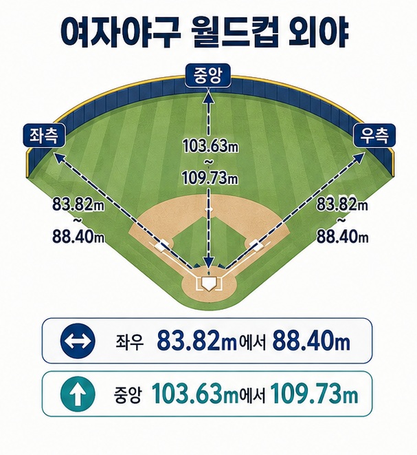 WBSC 여자야구 월드컵의 좌우 외야 펜스와 중앙 펜스까지의 거리 범위를 야구장 위에서 표시한 이미지