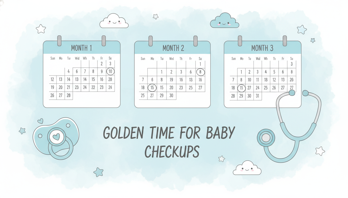 생후 1~3개월 신생아 딤플 검사 적기를 나타내는 귀여운 달력과 청진기 일러스트