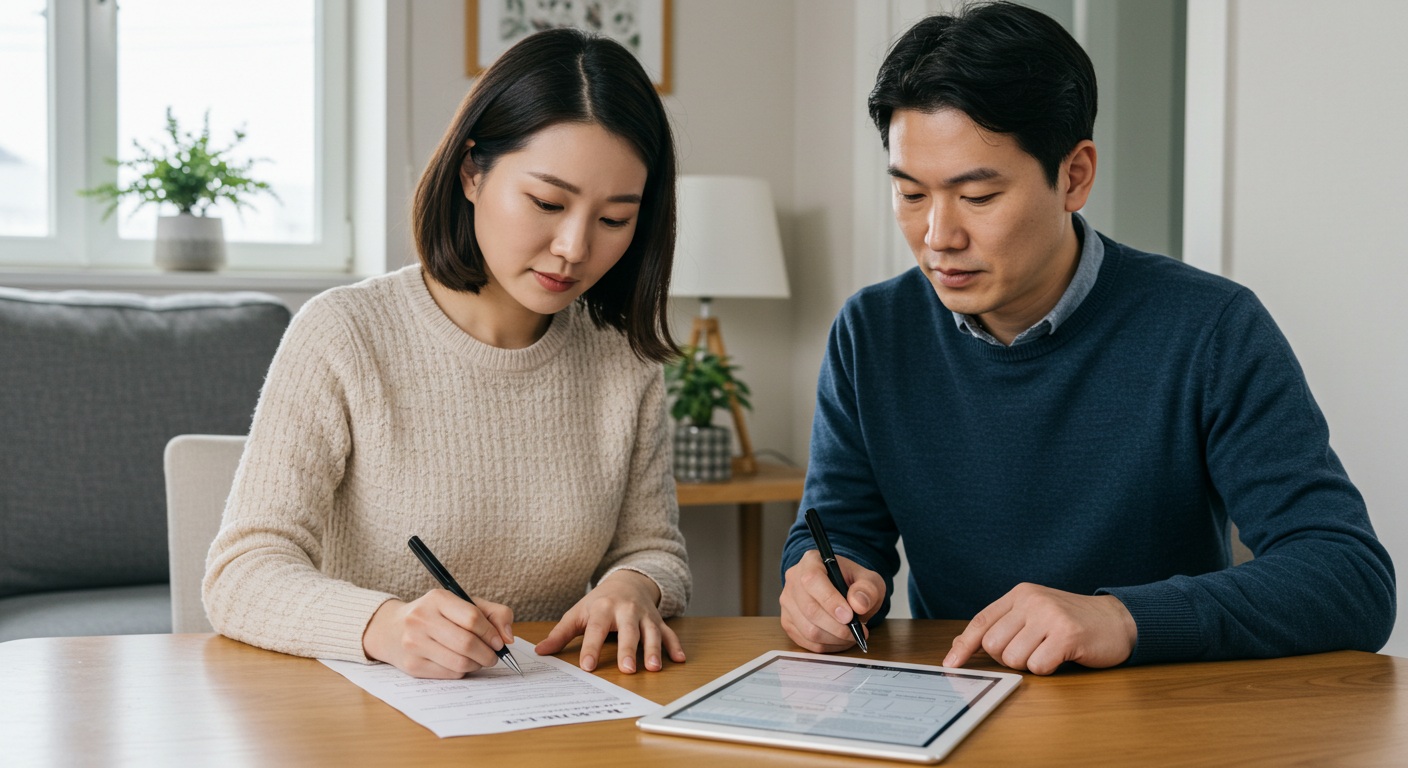 한국 부부가 태블릿과 서류를 보며 출산지원금 신청서를 작성하는 모습