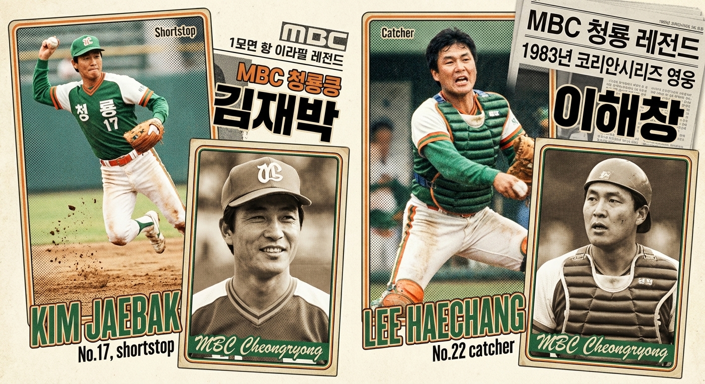 MBC청룡의 전설적인 선수 김재박과 이해창의 역동적인 모습, 한국 야구 초창기 스타들의 활약을 담은 이미지