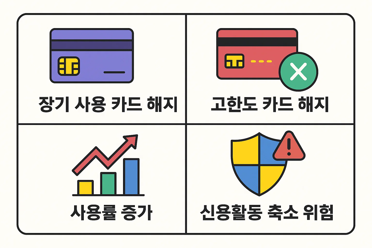 장기 사용 카드 해지, 고한도 카드 해지, 카드 사용률 증가, 신용활동 축소 위험 등 신용카드 해지가 신용등급에 영향을 미치는 핵심 요인을 시각적으로 정리한 인포그래픽