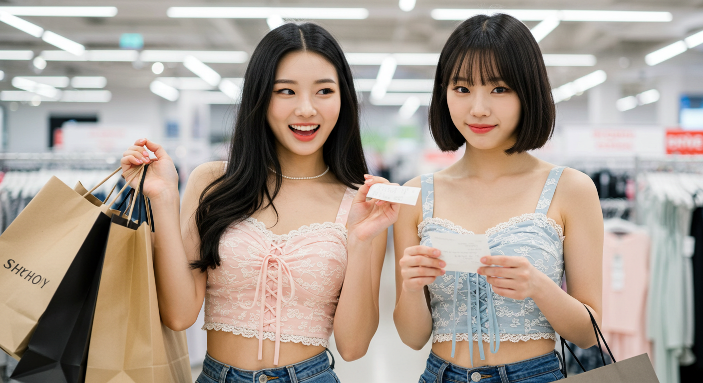 영수증을 들고있는 두 여인