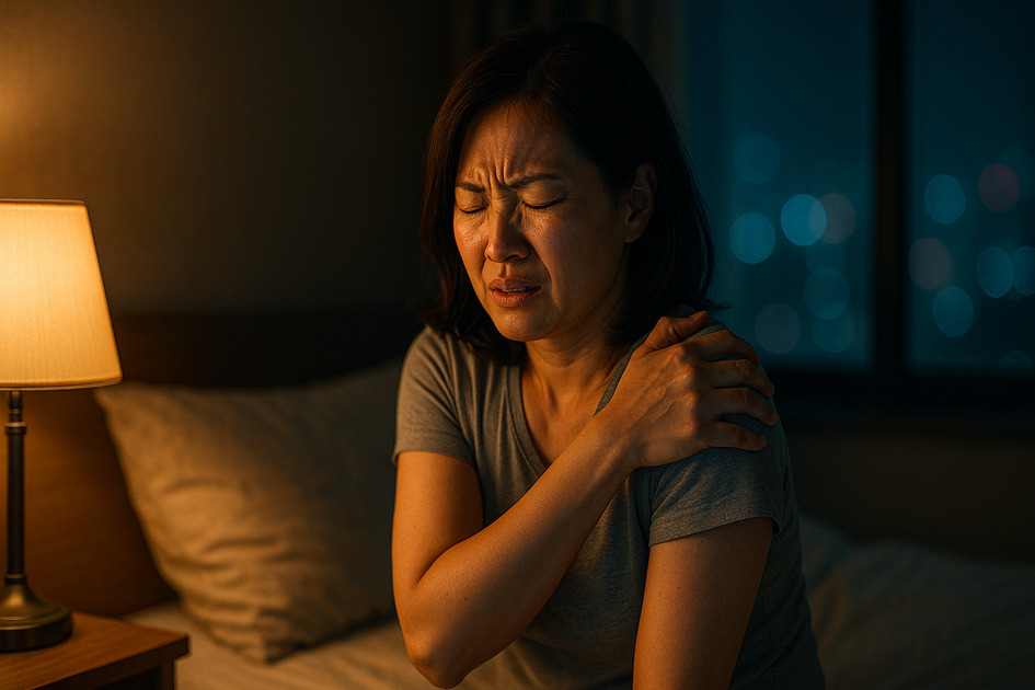 ๋ฐค์ ์ฌํด์ง๋ ์ด๊นจ ํต์ฆ์ผ๋ก ํ๋ค์ดํ๋ ์ฌ์ฑ์ ์ด๋ฏธ์ง