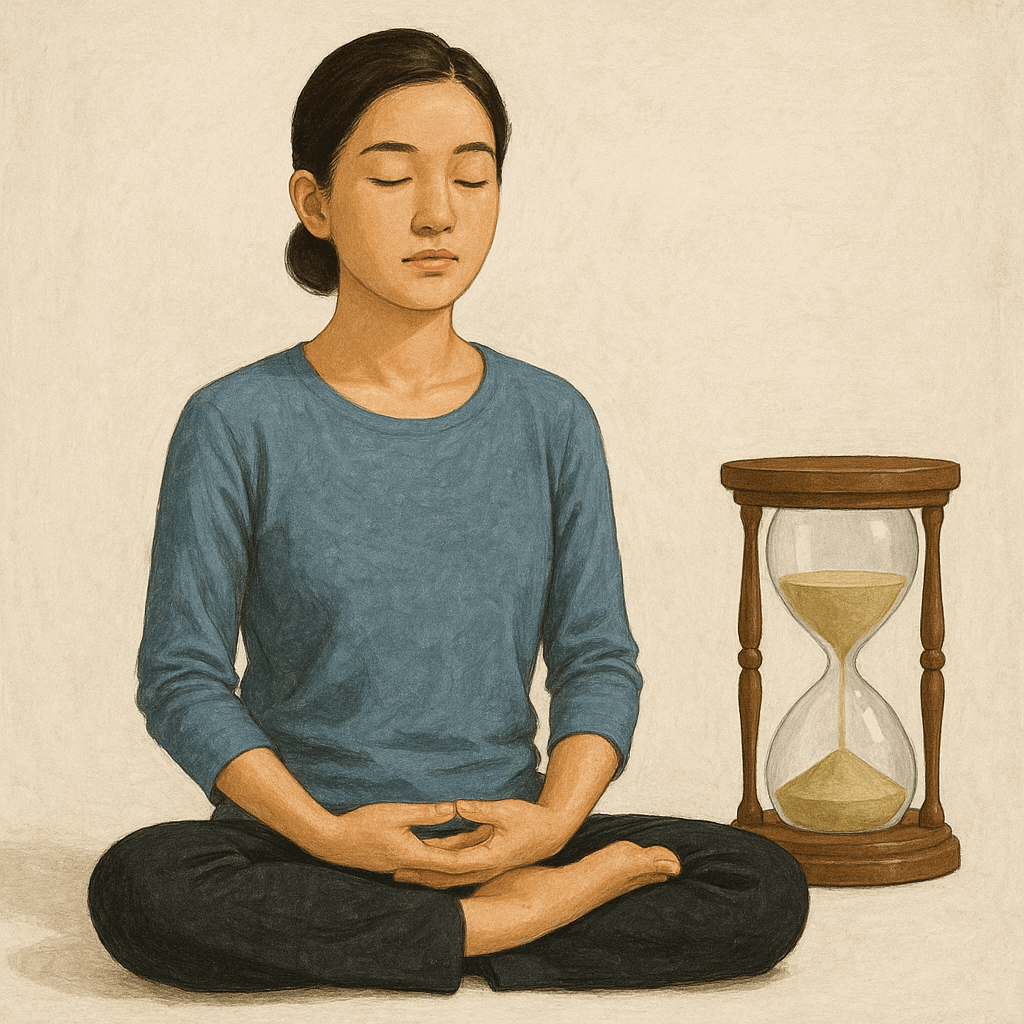 10분 모래시계와 명상하는 여성의 모습