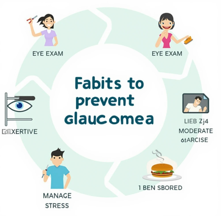 녹내장 예방을 위한 생활 습관을 보여주는 일러스트. 안과 검진, 건강한 식사, 적당한 운동, 충분한 수면, 스트레스 관리, 금연 등을 나타내는 아이콘들이 원형으로 배치되어 있습니다.