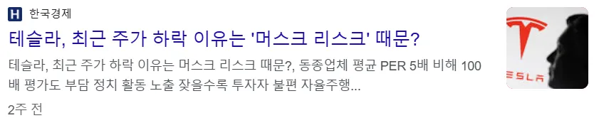 테슬라 주가 하락을 머스크의 경영 리스크로 보는 뉴스 이미지